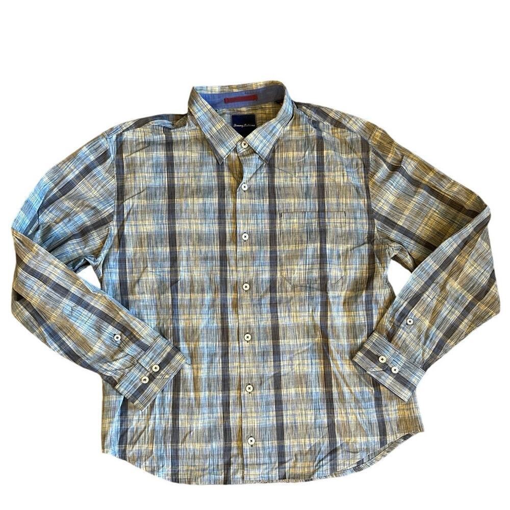 Tommy Bahama Long Sleeve Plaid Blue Green Cotton Button Down Dress Shirt Size XL